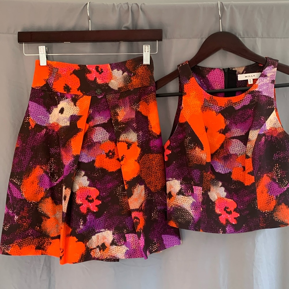 Milly Orange Purple Floral Two-Piece Top and Skirt Set